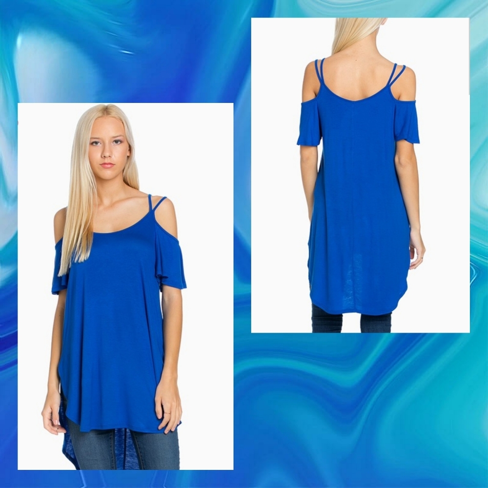 ALMOST SOLD OUT GO TO NEW LISTING Cobalt Blue Tunic Blouse Cold Shoulder Top - Picture 2 of 5